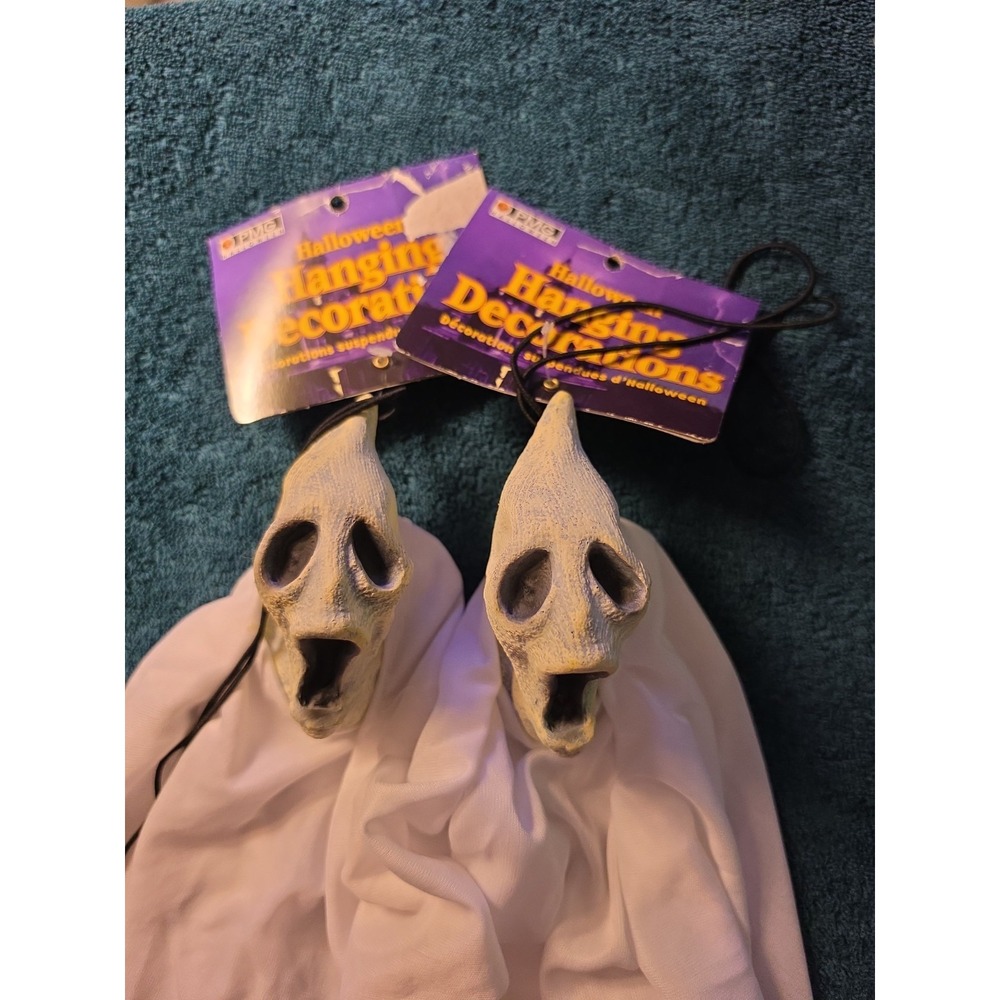 2 Vtg Nos 1999 Paper Magic Group Long Face Ghost White Hanging Jiggler Halloween